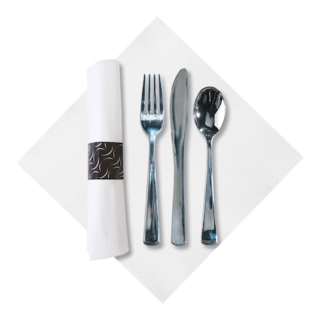 Caterwrap 7.75" x 7.75" Pre-rolled White Napkins with Metallic Cutlery 100 PK 119979